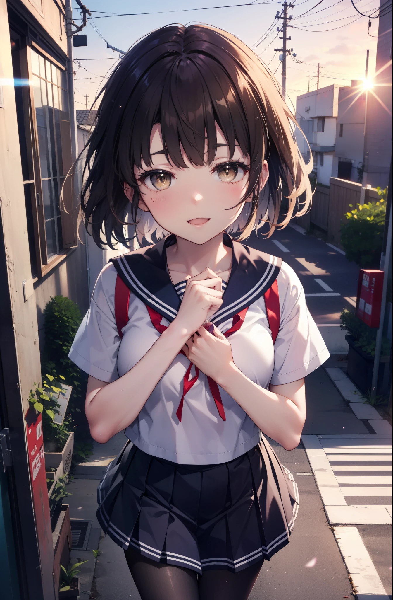 katoumegumi, megumi katou, Brown Hair, short hair, (Brown eyes:1.5),happy smile, smile, Open your mouth,Medium chest,Japanese schoolgirl(Black Sailor Suit),Short sleeve,Black pleated skirt,Gray pantyhose,Brown Loafers,walk,morning,morning陽,The sun is rising,whole bodyがイラストに入るように,walk,Looking down from above,
break outdoors, city,Area,
break looking at viewer, whole body,
break (masterpiece:1.2), highest quality, High resolution, unity 8k wallpaper, (shape:0.8), (Beautiful details:1.6), Highly detailed face, Perfect lighting, Highly detailed CG, (Perfect hands, Perfect Anatomy),