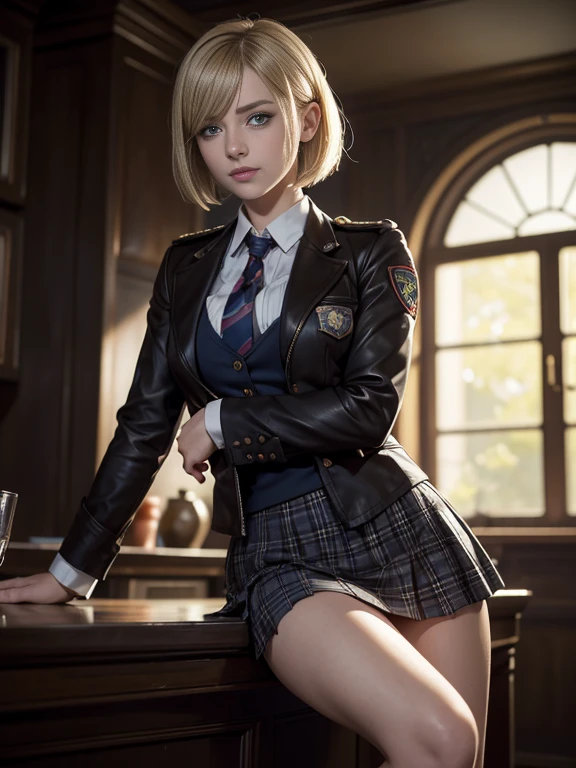 8K,obra maestra,Una mujer,sonrisa,30 años,blue eyes,pelo rubio,Pelo Corto Bob,Ella Freya, una hermosa YouTuber holandesa（Ella Freya),「Resident Evil RE:4」ashley, la heroína de,(Uniforme blazer marrón oscuro),Checkered pleated Mini falda, Mini falda,