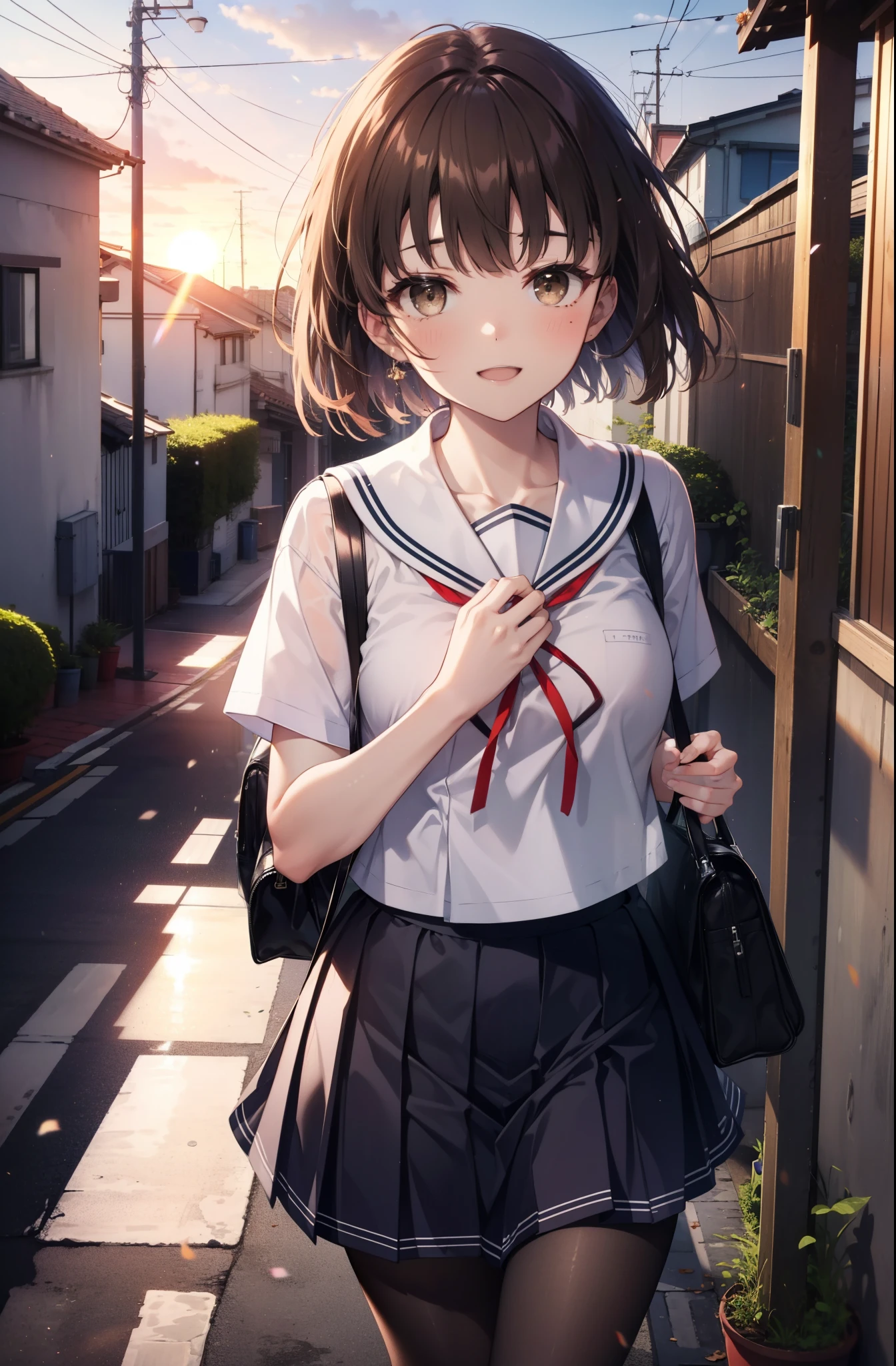 katoumegumi, megumi katou, Brown Hair, short hair, (Brown eyes:1.5),happy smile, smile, Open your mouth,Medium chest,Japanese schoolgirl(Black Sailor Suit),Short sleeve,Black pleated skirt,Gray pantyhose,Brown Loafers,walk,morning,morning陽,The sun is rising,whole bodyがイラストに入るように,walk,Looking down from above,
break outdoors, city,Area,
break looking at viewer, whole body,
break (masterpiece:1.2), highest quality, High resolution, unity 8k wallpaper, (shape:0.8), (Beautiful details:1.6), Highly detailed face, Perfect lighting, Highly detailed CG, (Perfect hands, Perfect Anatomy),