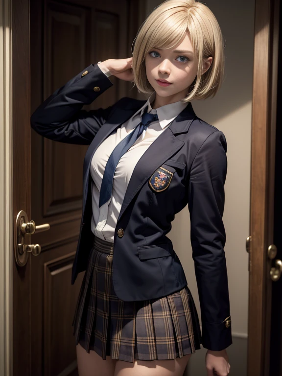 8K,Masterpiece,One woman,Smile,30 years old,blue eyes,Blonde Hair,Short Bob Hair,Ella Freya, a beautiful Dutch YouTuber（Ella Freya),「Resident Evil RE:4」Ashley, the heroine of,(Dark brown blazer,School uniform),Checkered pleated mini skirt,ミニスカート,