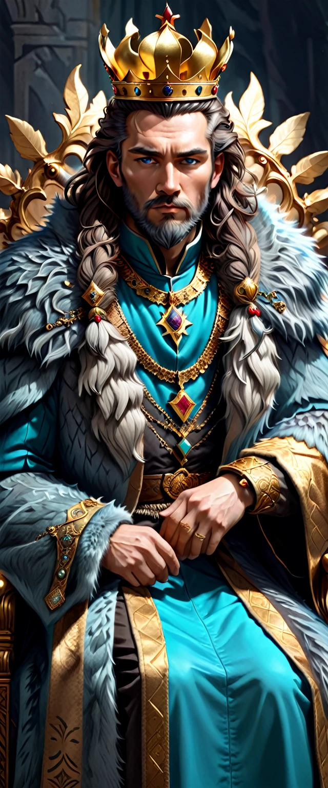 a man of about 45 sits on the throne thoughtfully and looks at the viewer with anxiety and pride,Spectator in front of a Man, he is the king of the northern state, medium beard dark copper color ,started to turn gray ,medium curls hidden under a fur coat, Huge Fur coat with long BLACK fur, huge medallion symbol of power, throne in the background, he looks at the viewer with command and warning, a soulful and frightening look, his hands are relaxed, torso pushed forward,the golden crown is all decorated with jasper jewelry,mica, turquoise, and rubies, The fur coat almost hides his face, soft shadows, Hyperrealistic, Photorealism, FullHD ,2K,  light from the viewer&#39;s side from the fire in the castle, northern scandinavian castle, thick eyebrows, fat man, but not fat, On the fingers of the ring,rings,Northern Kingdom,Scandinavia, Nordling, northern king,large semi covered, Coffee eyes, small mouth, massive forehead, straight nose narrow,Massive jaw,wide cheekbones,Black Wool Coat,Dima Apanaev face,coffee eyes stone castle cold,
