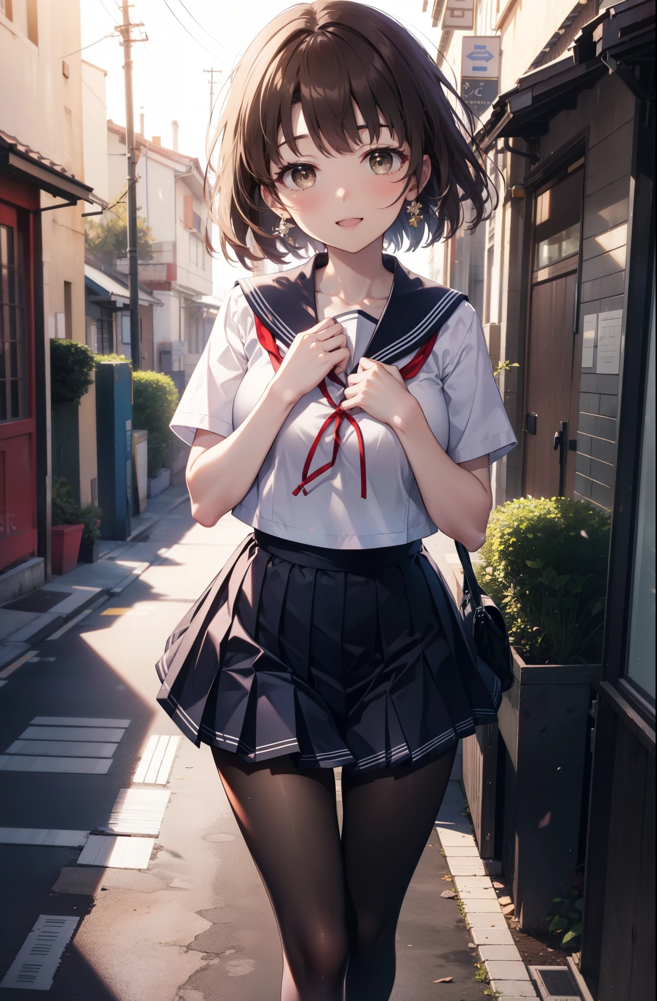 katoumegumi, megumi katou, Brown Hair, short hair, (Brown eyes:1.5),happy smile, smile, Open your mouth,Medium chest,Japanese schoolgirl(Black Sailor Suit),Short sleeve,Black pleated skirt,Gray pantyhose,Brown Loafers,walk,morning,morning陽,The sun is rising,whole bodyがイラストに入るように,walk,Looking down from above,
break outdoors, city,Area,
break looking at viewer, whole body,
break (masterpiece:1.2), highest quality, High resolution, unity 8k wallpaper, (shape:0.8), (Beautiful details:1.6), Highly detailed face, Perfect lighting, Highly detailed CG, (Perfect hands, Perfect Anatomy),