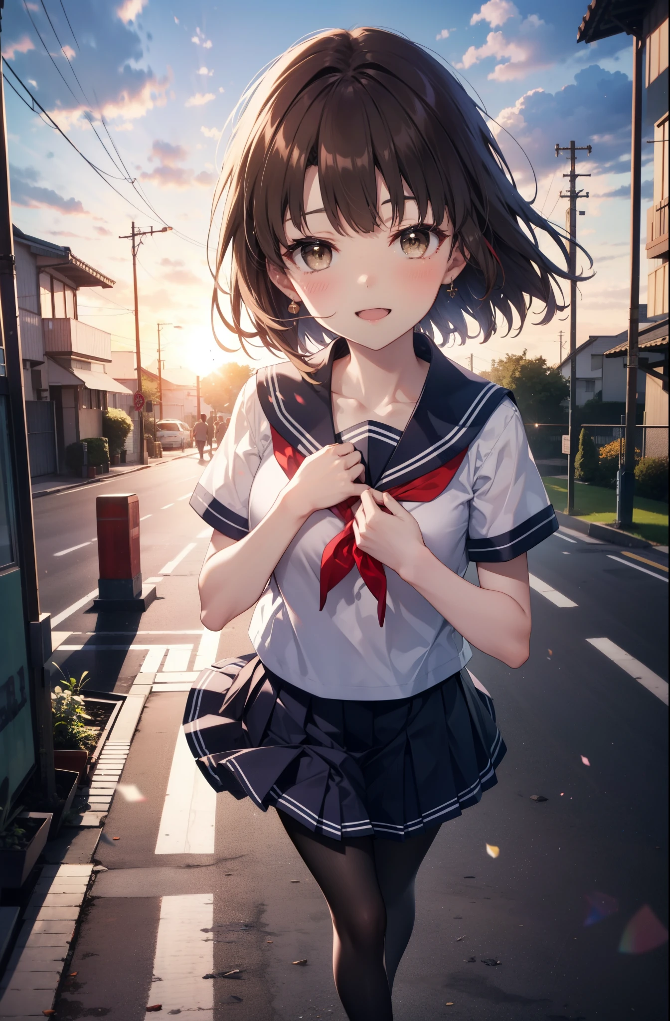 katoumegumi, megumi katou, Brown Hair, short hair, (Brown eyes:1.5),happy smile, smile, Open your mouth,Medium chest,Japanese schoolgirl(Black Sailor Suit),Short sleeve,Black pleated skirt,Gray pantyhose,Brown Loafers,walk,morning,morning陽,The sun is rising,whole bodyがイラストに入るように,walk,Looking down from above,
break outdoors, city,Area,
break looking at viewer, whole body,
break (masterpiece:1.2), highest quality, High resolution, unity 8k wallpaper, (shape:0.8), (Beautiful details:1.6), Highly detailed face, Perfect lighting, Highly detailed CG, (Perfect hands, Perfect Anatomy),