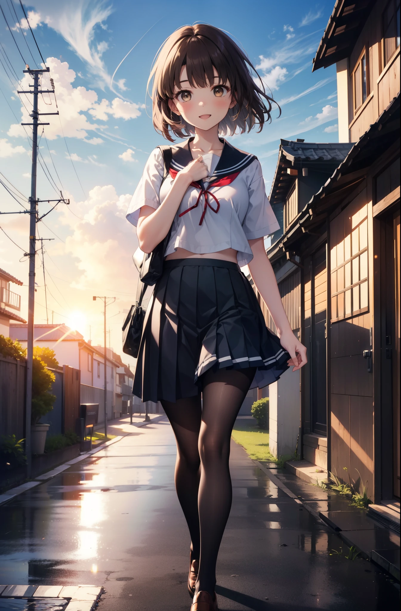 katoumegumi, megumi katou, Brown Hair, short hair, (Brown eyes:1.5),happy smile, smile, Open your mouth,Medium chest,Japanese schoolgirl(Black Sailor Suit),Short sleeve,Black pleated skirt,Gray pantyhose,Brown Loafers,walk,morning,morning陽,The sun is rising,whole bodyがイラストに入るように,walk,Looking down from above,
break outdoors, city,Area,
break looking at viewer, whole body,
break (masterpiece:1.2), highest quality, High resolution, unity 8k wallpaper, (shape:0.8), (Beautiful details:1.6), Highly detailed face, Perfect lighting, Highly detailed CG, (Perfect hands, Perfect Anatomy),