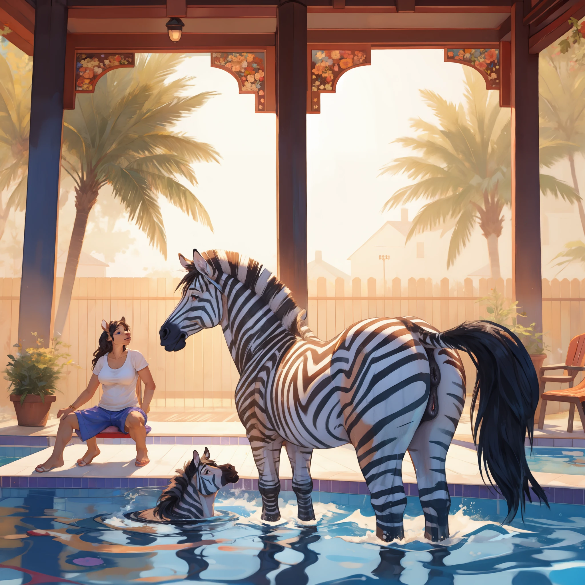 Zebra selvagem , fêmea, buceta de cavalo, bunda, piscina,  pessoas no fundo , Manhã, fog