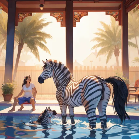 feral zebra , female, horse pussy, butt, swimming pool,  people on the background , morning, fog