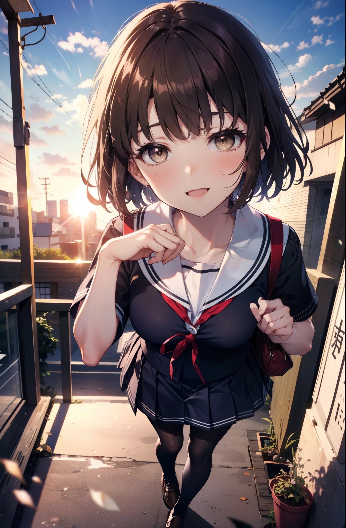 katoumegumi, megumi katou, Brown Hair, short hair, (Brown eyes:1.5),happy smile, smile, Open your mouth,Medium chest,Japanese schoolgirl(Black Sailor Suit),Short sleeve,Black pleated skirt,Gray pantyhose,Brown Loafers,walk,morning,morning陽,The sun is rising,whole bodyがイラストに入るように,walk,Looking down from above,
break outdoors, city,Area,
break looking at viewer, whole body,
break (masterpiece:1.2), highest quality, High resolution, unity 8k wallpaper, (shape:0.8), (Beautiful details:1.6), Highly detailed face, Perfect lighting, Highly detailed CG, (Perfect hands, Perfect Anatomy),