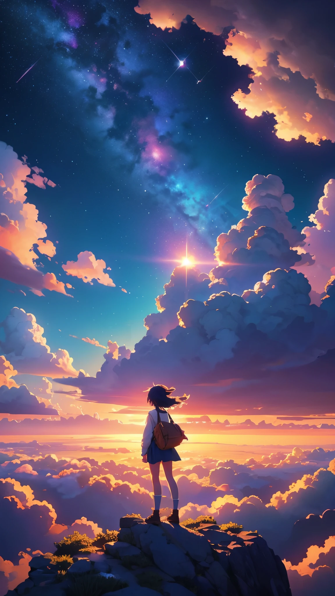 1 Mädchen, Auge, Nahaufnahme, Schöner Nachthimmel, Meteorregen, Jenseits der Wolken, Wasser umgeben, Reflexionen, wide angels, atemberaubende Wolken, weiter Winkel, von Makoto Shinkai, thomas kinkade, James Gillard, von holosomnialandscape, HDR, volumetrische Beleuchtung, Raytracing, eine komplizierte, hohe Details, Sehr detailiert, deviantart, 4k vertikales Hintergrundbild,, bunt, luftig, Anime-Illustration, Anime Natur Tapete