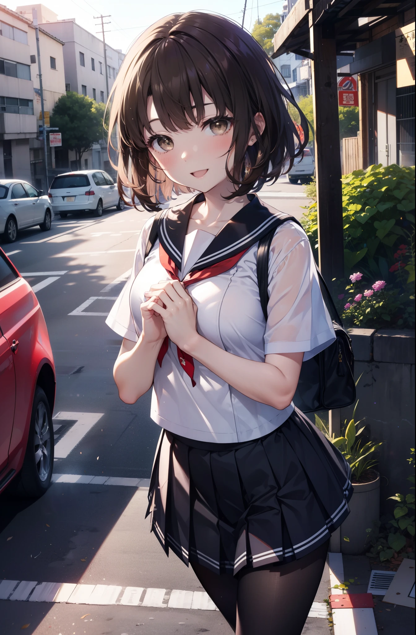 katoumegumi, megumi katou, Brown Hair, short hair, (Brown eyes:1.5),happy smile, smile, Open your mouth,Medium chest,Japanese schoolgirl(Black Sailor Suit),Short sleeve,Black pleated skirt,Gray pantyhose,Brown Loafers,walk,morning,morning陽,The sun is rising,whole bodyがイラストに入るように,walk,Looking down from above,
break outdoors, city,Area,
break looking at viewer, whole body,
break (masterpiece:1.2), highest quality, High resolution, unity 8k wallpaper, (shape:0.8), (Beautiful details:1.6), Highly detailed face, Perfect lighting, Highly detailed CG, (Perfect hands, Perfect Anatomy),