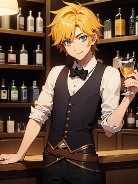 ezreal,a big smile,highest quality,night,20-year-old male,bartender