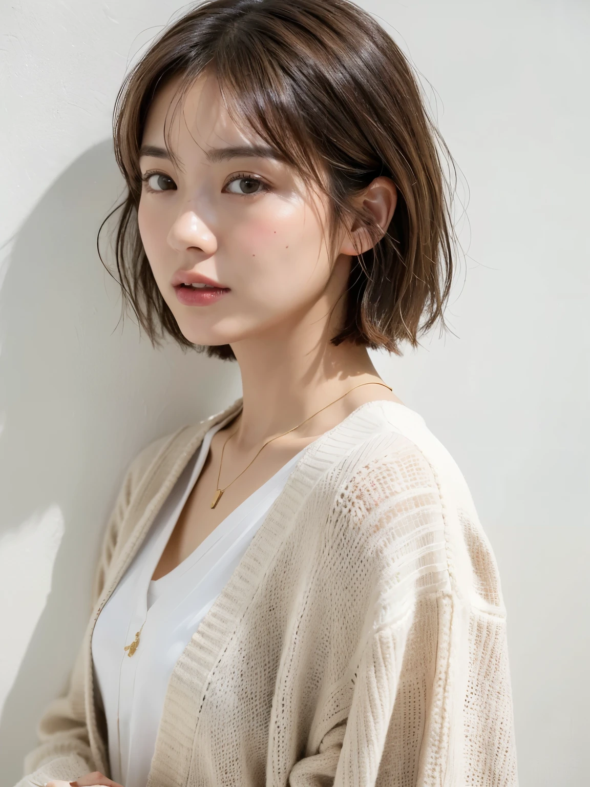 ((highest quality, 8k, masterpiece :1.3)), 1 girl, (Bob Hair、short hair,Photographed in front of a white wall :1.2)、Photographed in natural light、pastel cardigan :1.1, Top view、super Detailed face, Fine Eyes,(Highly realistic photos, High resolution, Detailed face, Fine Eyes)、Japanese women, Age 35, A variety of expressions, alone:1, Various Hair Styles, Casual clothing, There is only one person in the photo、Long sleeve dress、Photographed in natural light、Simple Necklace、Spring Clothes、Don&#39;t look at the camera、profile、Dark brown hair color