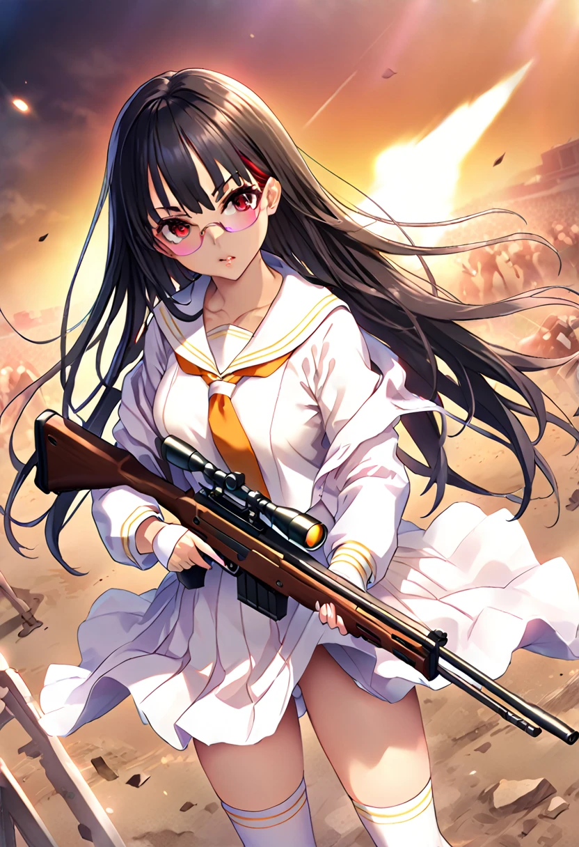 masterpiece、highest quality、Ultra-high resolution、Maximum resolution、Very detailed、Professional Lighting、anime、woman、thin、so beautiful、high school girl、White sailor suit、White knee-high socks、Equipped with a sniper rifle、Red Eye、Black Hair、long hair、Fingerless gloves、Tactical Boots、Equipped with transparent orange shooting glasses、Equipped with a chest rig、Standing alone on the battlefield