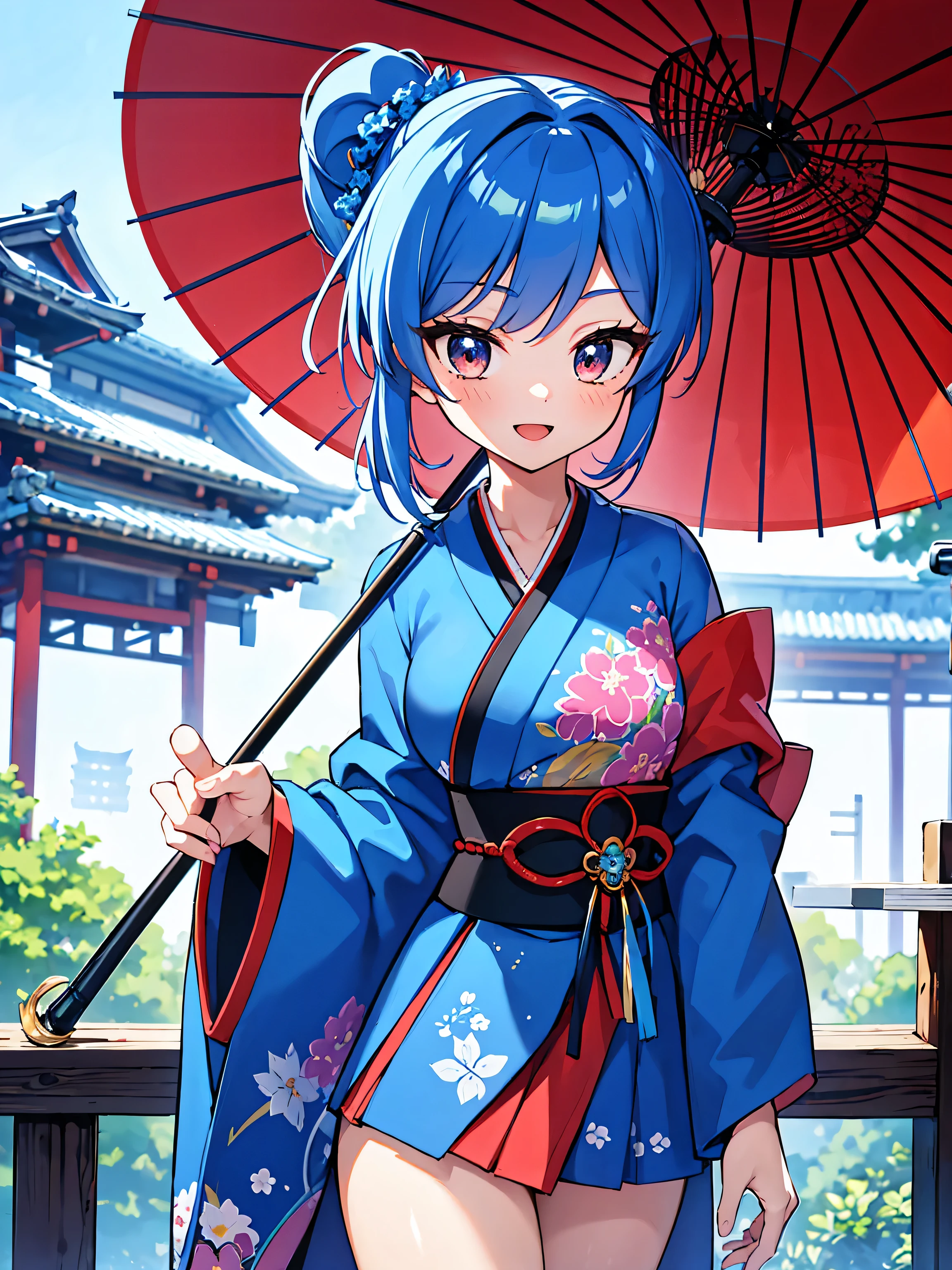 Blue HAIR,side pony tail,highest quality, Ultra-detailed 8k CG rendering, masterpiece, High resolution, Very detailed,
Samurai girl with voluptuous beauty,upper_body,
Small_breasts,
, an asian artist in a Blue japanese dress holding a Blue umbrella, 1girl, solo, umbrella, japanese clothes, flower, twin braids, braid, smile, oil-paper umbrella, skirt, red eyes, kimono, wide sleeves, tail, holding, outdoors, holding umbrella, floral print, Blue flower, long sleeves, :d, looking at viewer, bangs, east asian architecture,, Blue kimono, open mouth, architecture, pleated skirt, black skirt