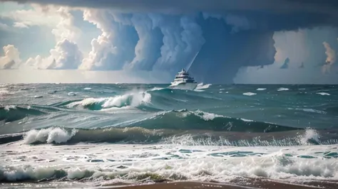 Vista de uma pessoa parada em um cais no meio do oceano, contra a tempestade, the sea and the storm behind, dramatic scene, atmo...