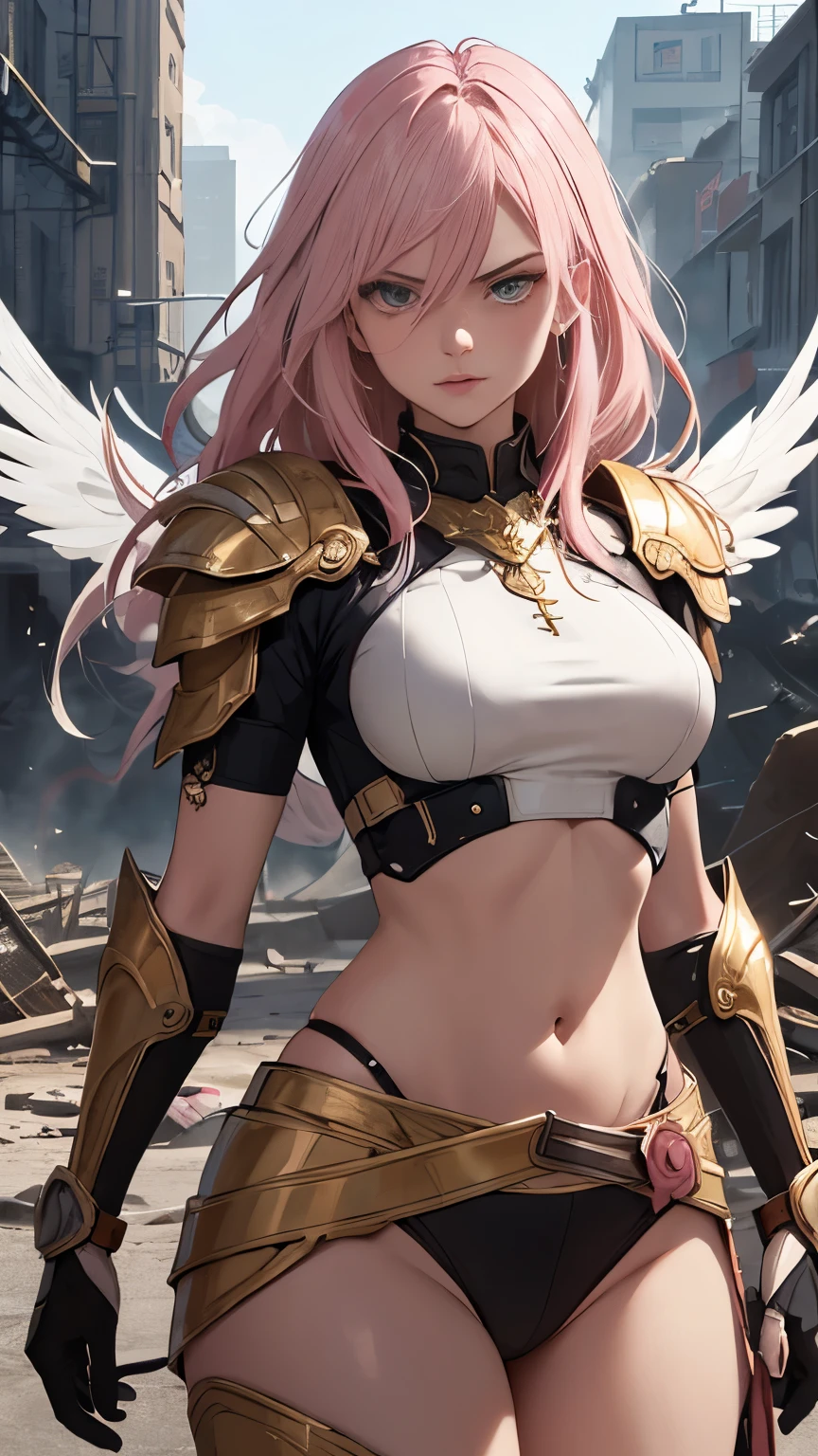 (Highly quality, masterpiece, detailed), Destroyed city detailed scenario, destroyed city detailed background, 20 years old girl, solo, angry, hero suit, straight hair, white and pink hair, Gold belt, gold wristband, Gold Shoulder pad, gold breast plates, 1girl, pink wings, crop top, Abdomen, Navel, beautiful eyes, perfect eyes, looking at the viewer, Sexy pose