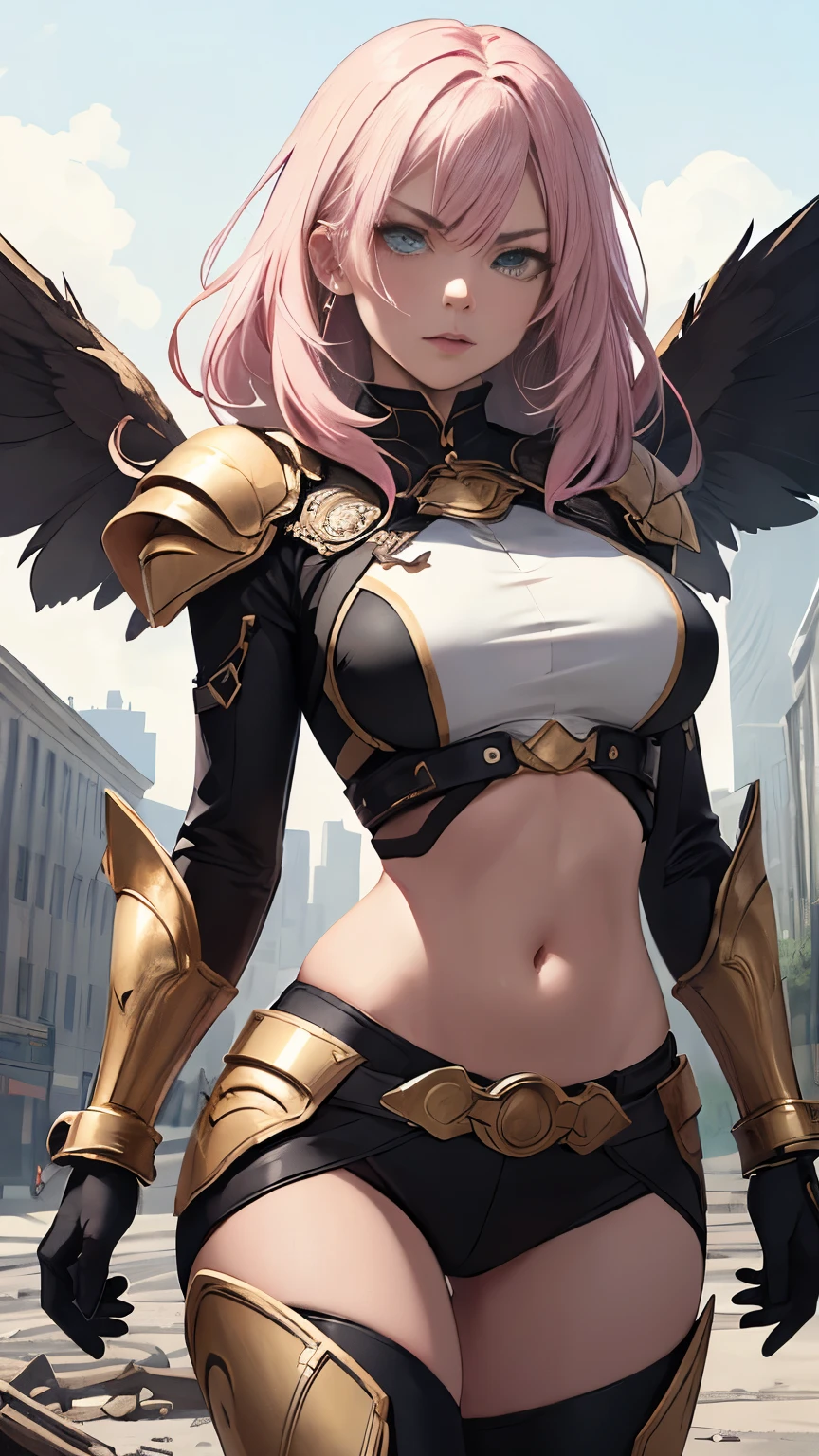 (Highly quality, masterpiece, detailed), Destroyed city detailed scenario, destroyed city detailed background, 20 years old girl, solo, angry, hero suit, straight hair, white and pink hair, Gold belt, gold wristband, Gold Shoulder pad, gold breast plates, 1girl, pink wings, crop top, Abdomen, Navel, beautiful eyes, perfect eyes, looking at the viewer, Sexy pose