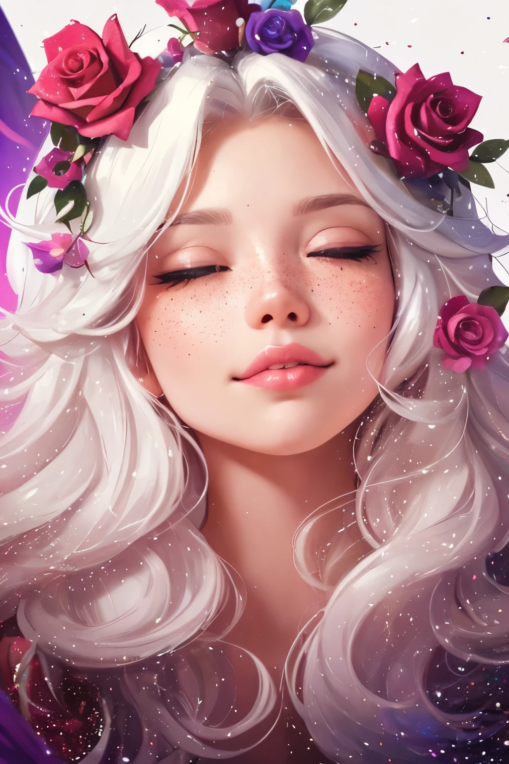 (This is a beautiful arco-íris fantasy image that feels interessante e emphasizes BRILHO e iridescence.) Gerar um ((cego)) curvy woman with colorida curly cabelo e milky white eyes. Her face is important e is perfectly formed with lábios inchados e perfect features. (Her eyes are critically important e are (em branco) e (Branco sólido)). The image exudes ethereal beauty e soft fantasy. Include doce e detailed birds e soft, luminous flowers in all the colors of the arco-íris. O fundo da imagem é decorado em tons de rosa, brilhar, BRILHO, e fantasy details like colored Bolhas e cosmos. Utilize dynamic composition to create a compelling e action-packed image. Dramatic lighting e cinematic lighting enhance the woman's beauty e the soft colors in the artwork. (((((perspectiva: de cabeça erguida.))))) Incluir fantasia, bonitinho, colorida, colorida, interessante magic background, ((((em branco eyes)))), ((((olhos brancos vazios)))), (olhos de shirome:1.3), (Sorrindo), (perfectly rendered Branco sólidoeyes), ((marca de nascença no lábio)), ((Linda boca)), fundo bonito, fundo complexo, doce background, (((arco-íris))), sardas sutis, sardas naturais, Surround her with eternal roses in brilharing shades. Adicione detalhes extravagantes como estrelas, Bolhas, e BRILHO for an enchanting touch. Garanta perfeição em seu rosto, cabelo, e eyes. Incorpore elementos de alta fantasia, caprichoso, e detailed elegance. Rosa inglesa, princess, cortesã, nobre, doce, Adorável, calm, Adorável, brilharing, cintilante, BRILHOing, fantasia astrológica, (((obra de arte))), (mais alta qualidade), rosa mágica, jardim de fantasia, rosto bonito, Rosto Perfeito, lábios inchados, interessante, sorriso tímido, elementos de fantasia, rosa mágica, Olhos lindos, perfect lábios inchados, tons de joias, luminosidade