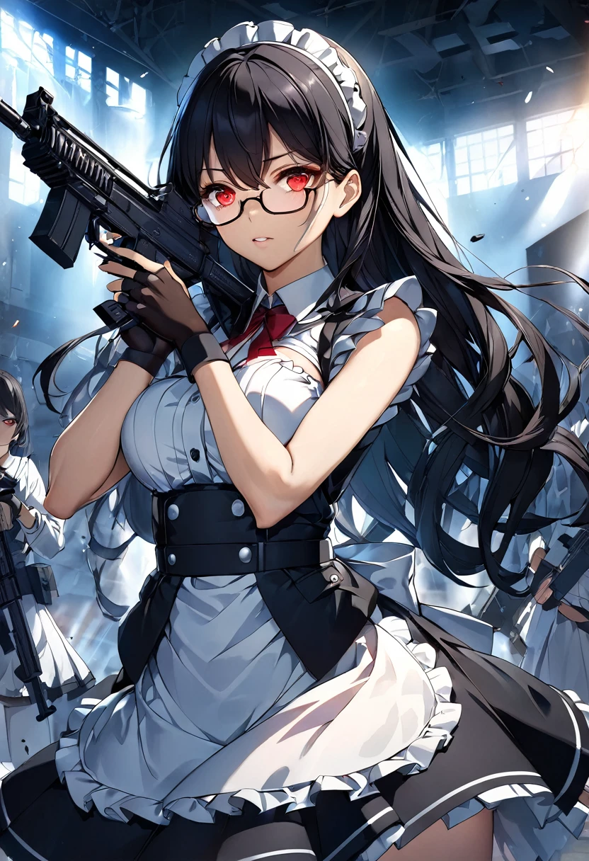 masterpiece、highest quality、Ultra-high resolution、Maximum resolution、Very detailed、Professional Lighting、anime、woman、thin、so beautiful、high school girl、Maid clothes、Has an assault rifle、Red Eye、Black Hair、long haingerless gloves、Equipped with shooting glasses、Alone on the battlefield、Holding a gun in a bold pose、shooting、