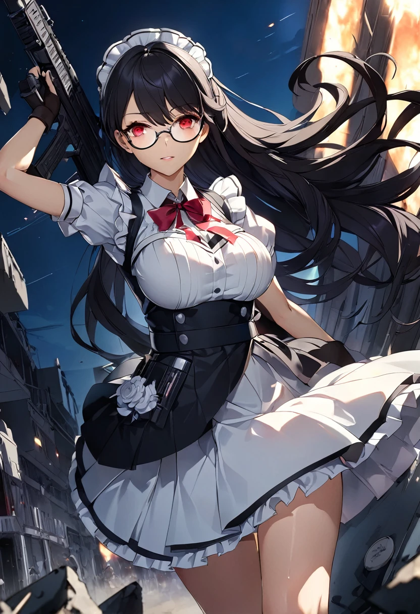 masterpiece、highest quality、Ultra-high resolution、Maximum resolution、Very detailed、Professional Lighting、anime、woman、thin、so beautiful、high school girl、Maid clothes、Has an assault rifle、Red Eye、Black Hair、long haingerless gloves、Equipped with shooting glasses、Alone on the battlefield、Holding a gun in a bold pose、shooting、