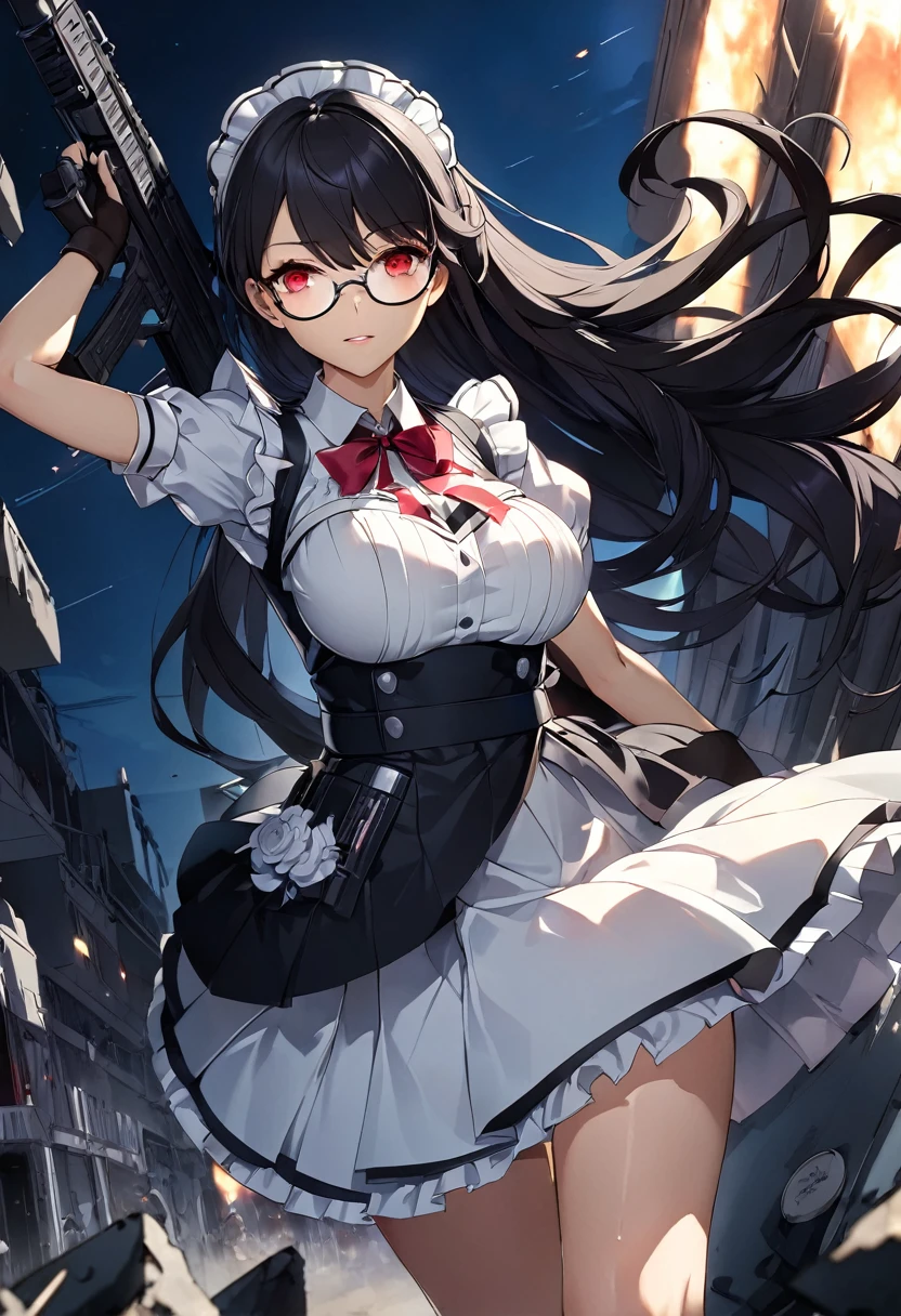 masterpiece、highest quality、Ultra-high resolution、Maximum resolution、Very detailed、Professional Lighting、anime、woman、thin、so beautiful、high school girl、Maid clothes、Has an assault rifle、Red Eye、Black Hair、long hair、Fingerless gloves、Equipped with shooting glasses、Alone on the battlefield、Holding a gun in a bold pose、shooting、