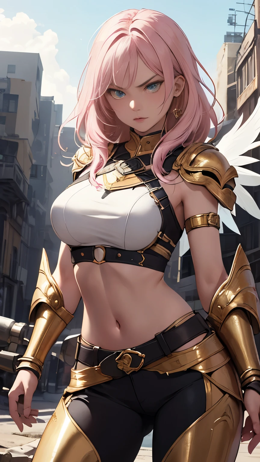 (Highly quality, masterpiece, detailed), Destroyed city detailed scenario, destroyed city detailed background, 20 years old girl, solo, angry, hero suit, straight hair, white and pink hair, Gold belt, gold wristband, Gold Shoulder pad, gold breast plates, 1girl, pink wings, crop top, Abdomen, Navel, beautiful eyes, perfect eyes, looking at the viewer, Sexy pose