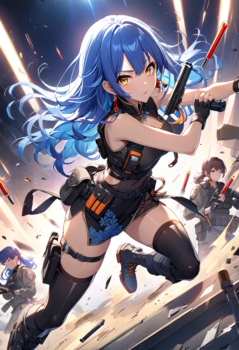 masterpiece、highest quality、Ultra-high resolution、Maximum resolution、Very detailed、Professional Lighting、anime、Adult female、thin、so beautiful、、China dress、Has a handgun、Hold a handgun with both hands、Yellow Eyes、Blue Hair、Long Wavy Hair、Earrings、Fingerless gloves、Tactical Boots、Equipped with transparent orange shooting glasses、Equipped with a chest rig、1 person on the battlefield、Acrobatic movements、Shoot a bullet at the target、Dual pistols、Blood sticks