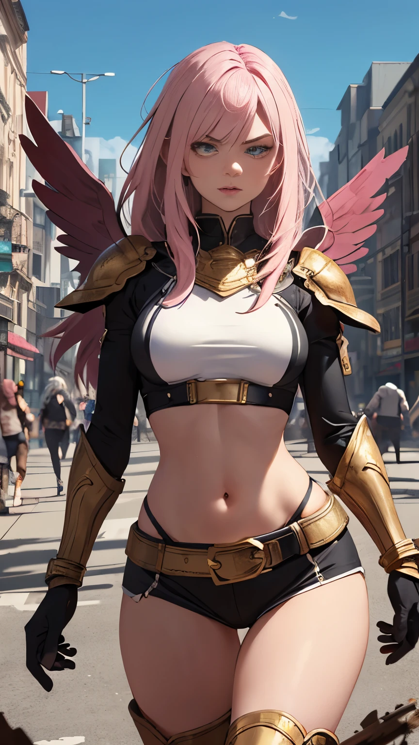 (Highly quality, masterpiece, detailed), Destroyed city detailed scenario, destroyed city detailed background, 20 years old girl, solo, angry, hero suit, straight hair, white and pink hair, Gold belt, gold wristband, Gold Shoulder pad, gold breast plates, 1girl, pink wings, crop top, Abdomen, Navel, beautiful eyes, perfect eyes, looking at the viewer, Sexy pose