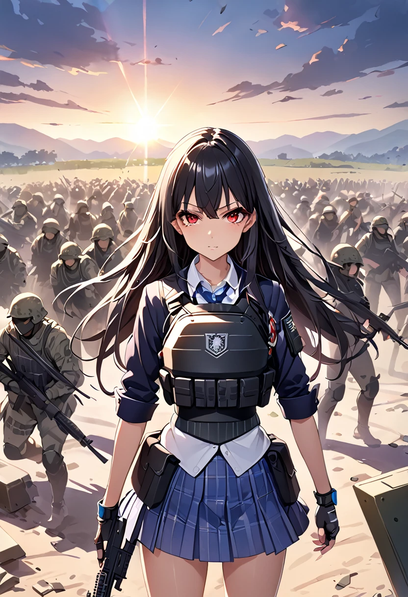 masterpiece、highest quality、Ultra-high resolution、Maximum resolution、Very detailed、Professional Lighting、anime、woman、thin、so beautiful、high school girl、blazer、Has an assault rifle、Red Eye、Black Hair、long haingerless gloves、Equipped with a plate carrier、Standing alone on the battlefield