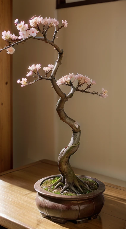 a small cherry blossom bonsai tree, detailed leaves, blossoms and branches, traditional Japanese art style, vibrant colors, soft natural lighting, intricate root system, carefully pruned branches, miniature size, ancient art of Bonsai, realistic and lifelike, serene atmosphere.

