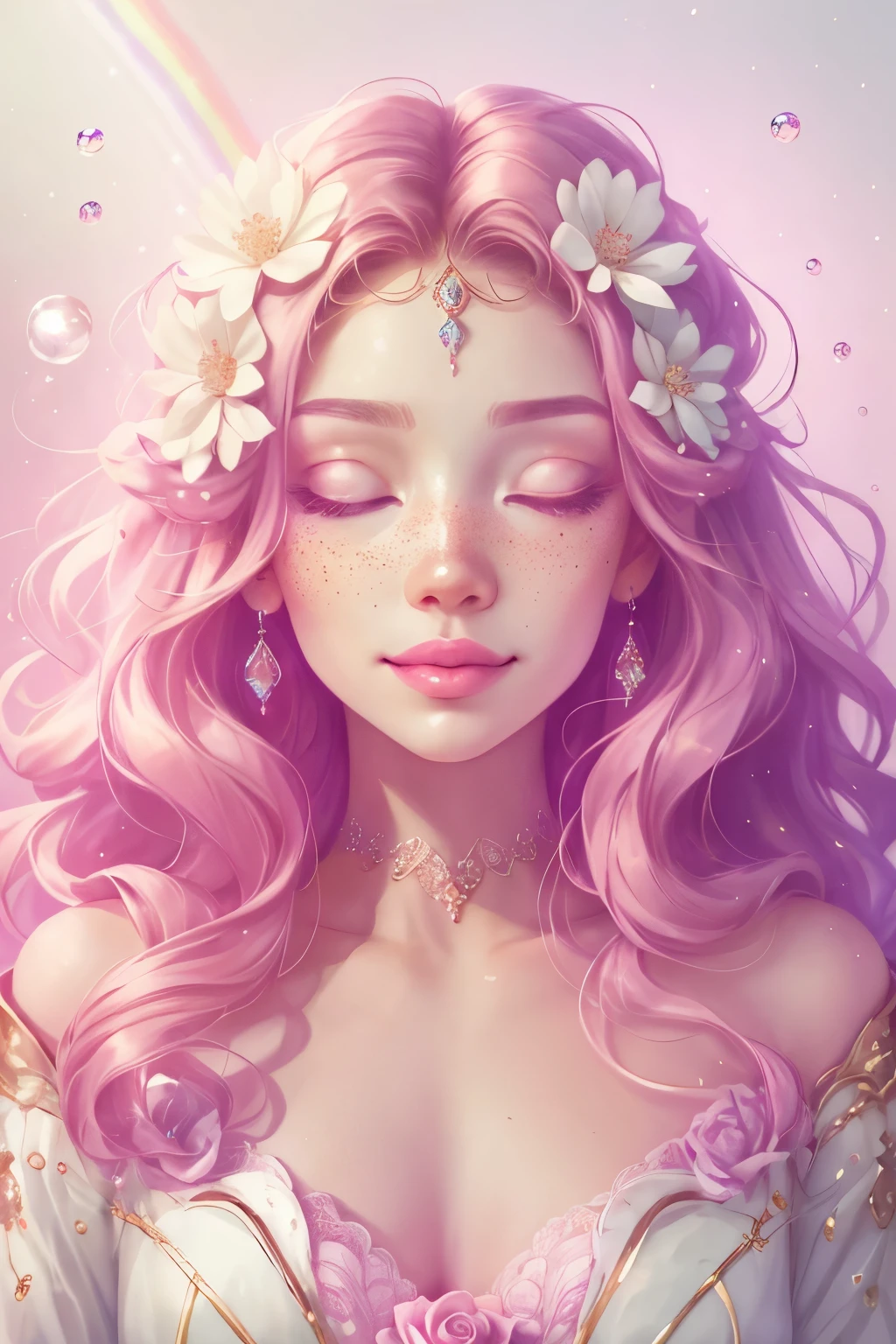 (This is a beautiful rainbow fantasy image that feels interesting and emphasizes glitter and iridescence.) Generate a ((blind)) curvy woman with colorful curly hair and milky white eyes. Her face is important and is perfectly formed with puffy lips and perfect features. (Her eyes are critically important and are (blank) and (solid white)). The image exudes ethereal beauty and soft fantasy. Include sweet and detailed birds and soft, luminous flowers in all the colors of the rainbow. The image's background is decorated in shades of pink, shimmer, glitter, and fantasy details like colored bubbles and cosmos. Utilize dynamic composition to create a compelling and action-packed image. Dramatic lighting and cinematic lighting enhance the woman's beauty and the soft colors in the artwork. (((((Perspective: head on.))))) Include fantasy, cute, colorful, colourful, interesting magic background, ((((blank eyes)))), ((((empty white eyes)))), (shirome eyes:1.3), (smirking), (perfectly rendered solid whiteeyes), ((birthmark on lip)), ((pretty lips)), beautiful background, complex background, sweet background, (((rainbow))), subtle freckles, natural freckles, Surround her with eternal roses in shimmering shades. Add whimsical details like stars, bubbles, and glitter for an enchanting touch. Ensure perfection in her face, hair, and eyes. Incorporate elements of high fantasy, whimsy, and detailed elegance. English rose, princess, courtesan, noblewoman, sweet, lovely, calm, lovely, shimmering, glimmering, glittering, astrological fantasy, (((masterpiece))), (highest quality), magic rose, fantasy garden, beautiful face, perfect face, puffy lips, interesting, shy smile, fantasy elements, magic rose, beautiful eyes, perfect puffy lips, jewel tones, luminosity