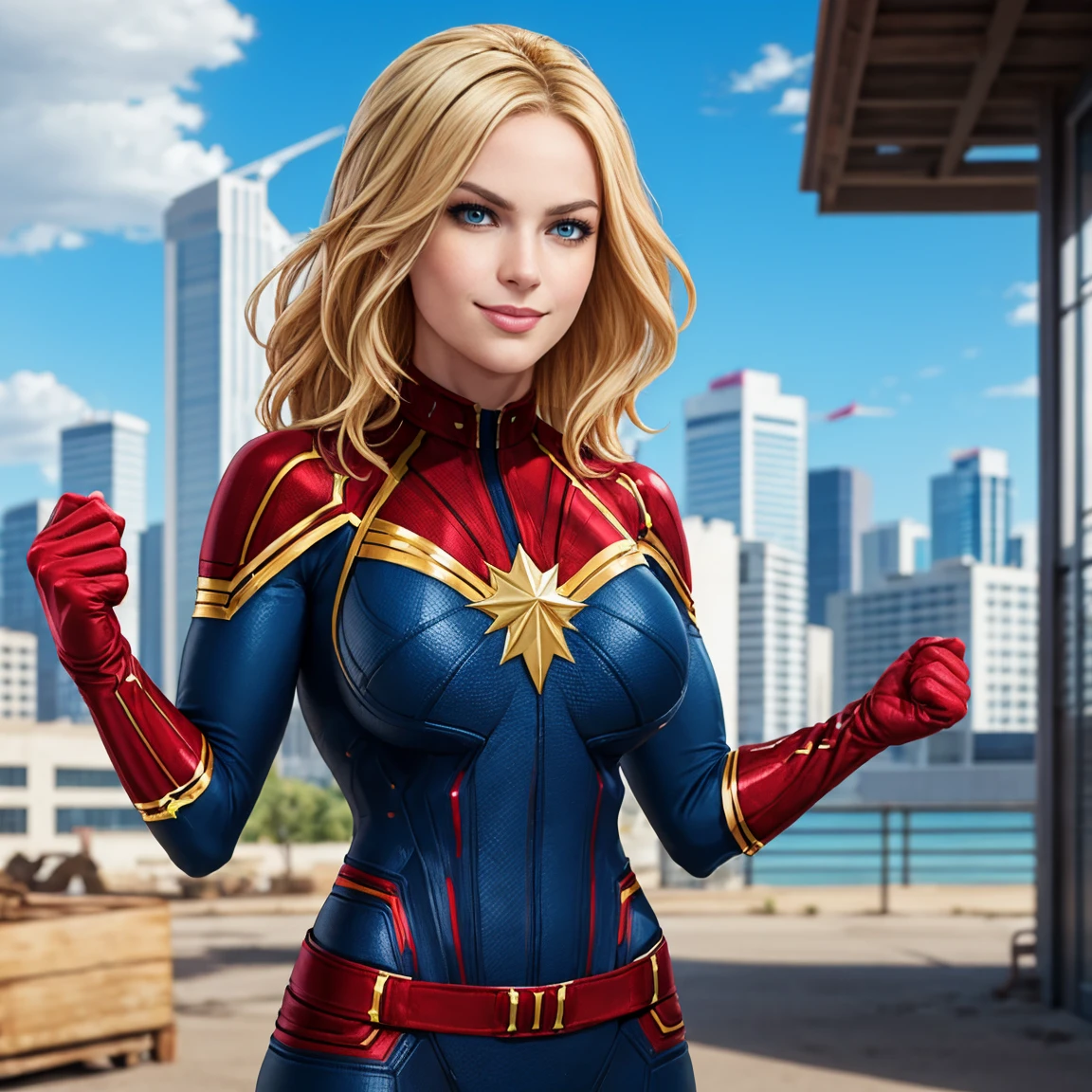 masterpiece, best quality, cptmarvel, bodysuit, red gloves, belt, large breasts, blue eyes, toned, smile, cowboy shot, looking at viewer, sky, cityscape, blue sky