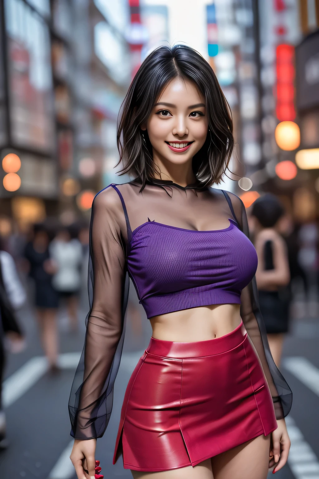 (Realism: 1.4), (Very Detailed), (Highest Quality), (Best Shadow), (Masterpiece), Ultra High Resolution, 1 Ultimate Beautiful MILF, Highly Detailed Face, (Perfect Teeth), Beautiful Eyes, double eyelids, eyelashes, lip detail, short black hair, (see-through light purple blouse: 1.2), (red tight miniskirt: 1.3), light pink pants, (big breasts), smile, thighs, boundary depth writing, perfect lighting, yes Background: (Tokyo Ginza Street), (soft light), (ambient lighting), random pose, change pose, dynamic angle,