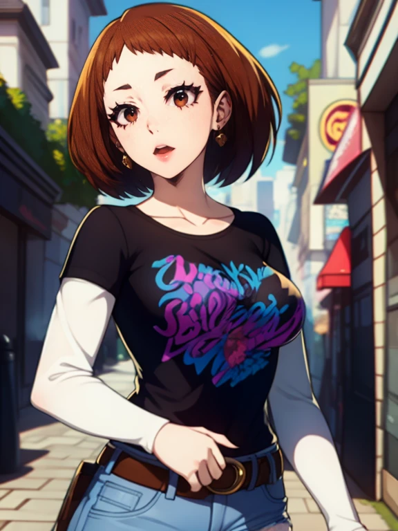 ochaco_uraraka, brown eyes ,earrings ,lipstick, eye shadow, makeup ,1girl, solo, black t-shirt, white shirt, blue jeans, belt, lipstick, large breasts,
