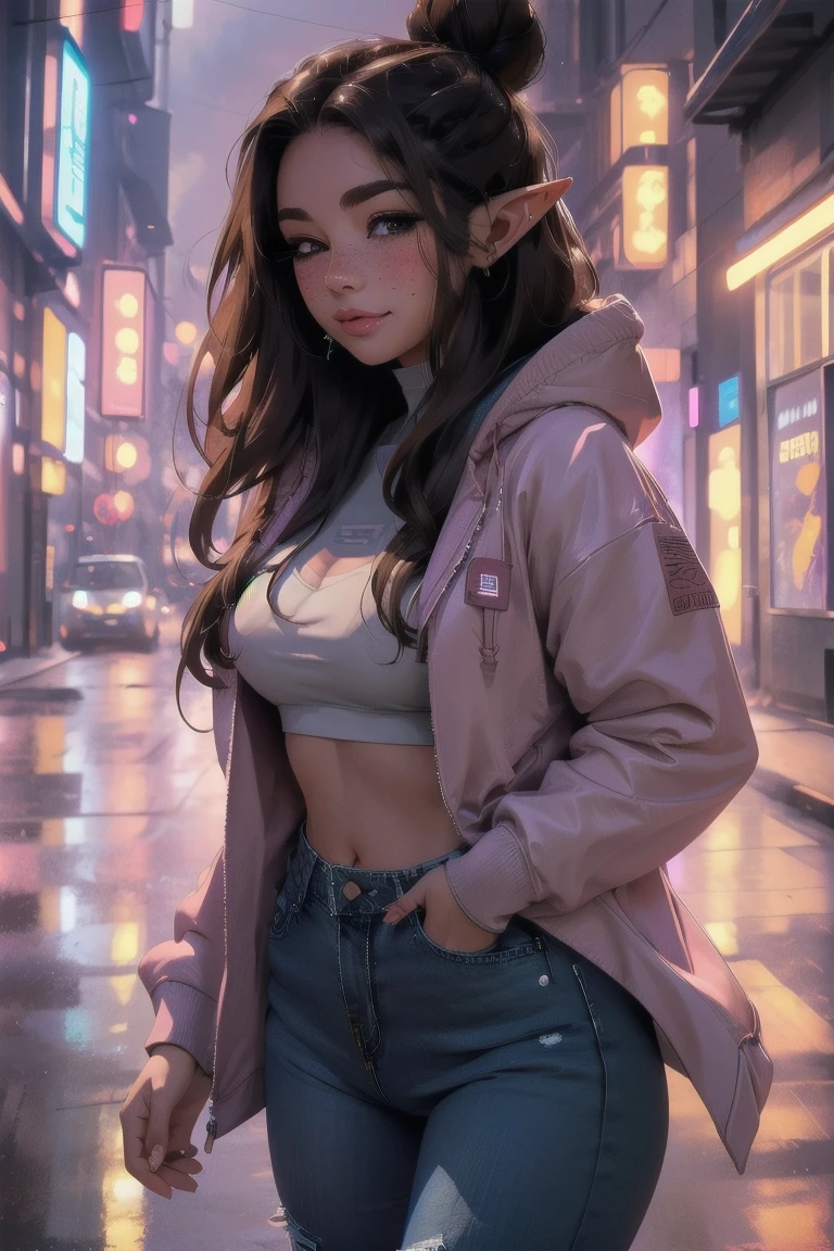 (elf girl), master piece, blushing, freckles, wide hips, slim waist, thick thighs, masterpiece, best quality, sfw, mature 36 year old woman, brown hair, moist face,  wavy hair, mouth open, shiny. lips, beutiful round eyes, cyberpunk background, Waist high jeans, tight jeans, tall skyscraper background, bladerunner background, large hoodie, thick hoodie, Beautiful face, perfect face, deep e, elf ears, excited, happy, smiling, cropped hoodie, hairbun, unzipped jacket over cropped hoodie, eyes closed