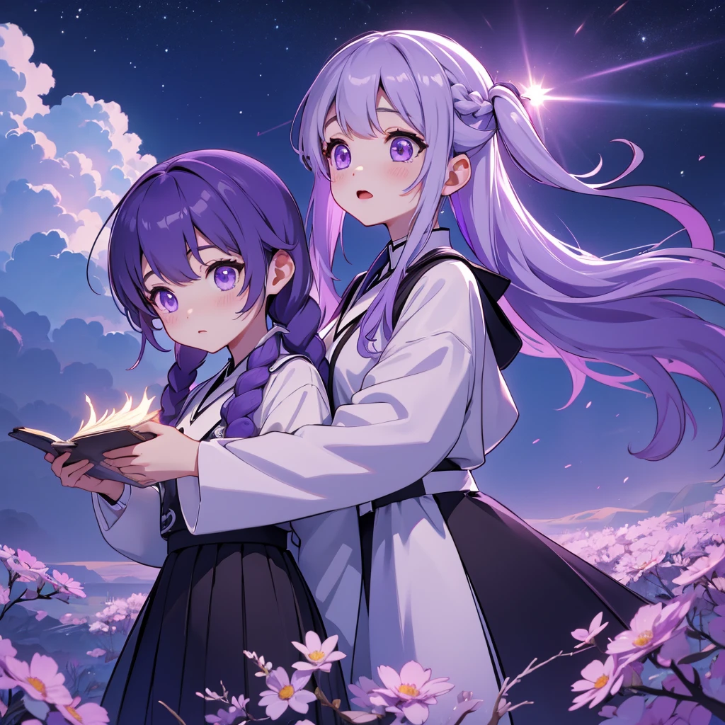 Man and woman couple、c0upl3、The best composition、highest quality、The highest masterpiece、Official Art、Award-winning works、Man and woman couple、nature、zero、cloud、zero中に舞う繊細な花びら、Long purple hair with a milky white top and purple gradation as it goes down、Detailed eyes、Twin tail braiden&#39;s milky white with purple highlights short hair、zeroを見上げて微笑む、Beautiful Face、masterpiece、highest quality、(High definition CG Unity 8k wallpaper) (highest quality)、(Best illustration)、
