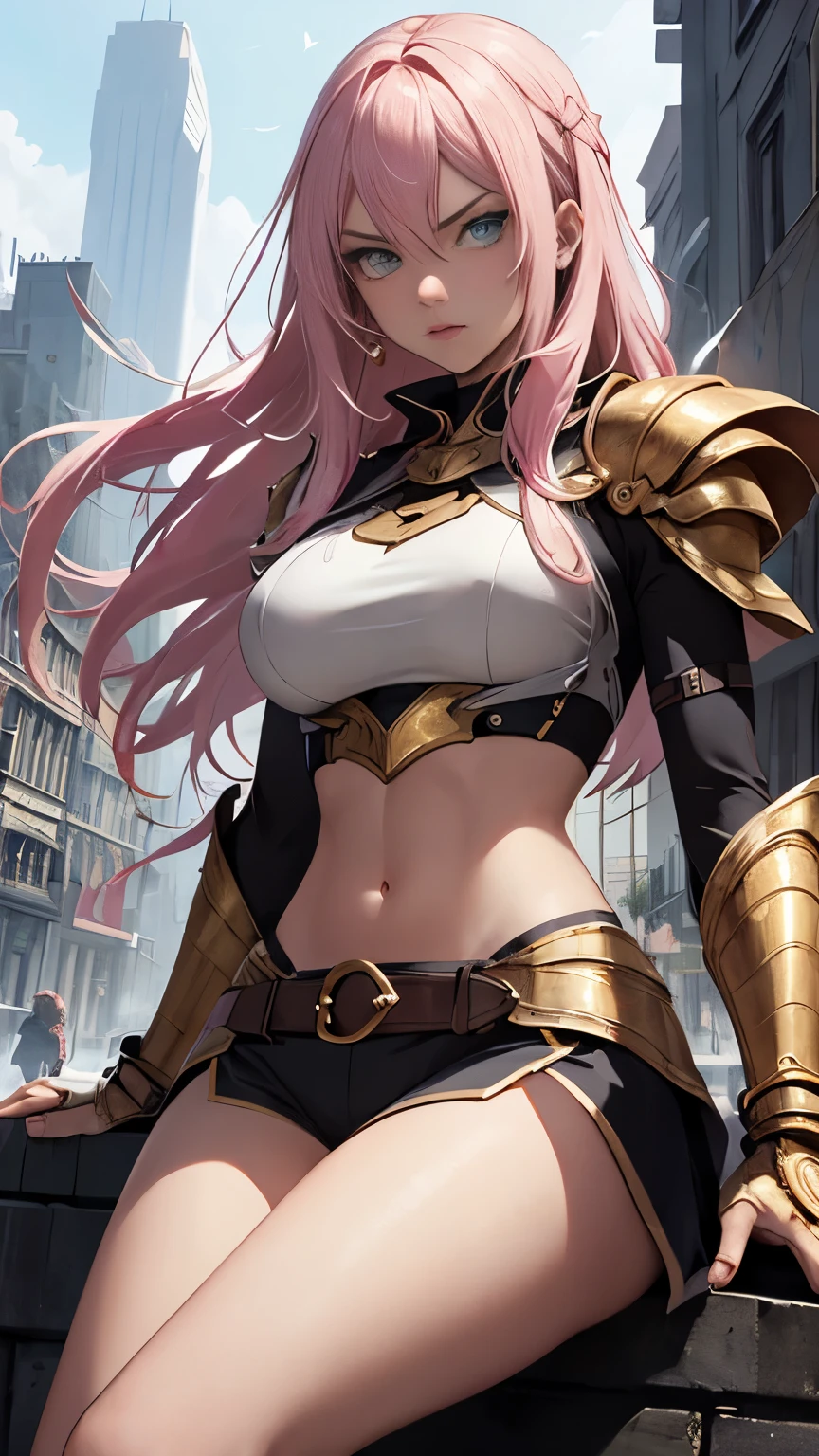 (Highly quality, masterpiece, detailed), Destroyed city detailed scenario, destroyed city detailed background, 20 years old girl, solo, angry, hero suit, straight hair, white and pink hair, Gold belt, gold wristband, Gold Shoulder pad, gold breast plates, 1girl, pink wings, sitting on top of a building, crop top, Abdomen, Navel, beautiful eyes, perfect eyes, looking at the viewer, Sexy pose