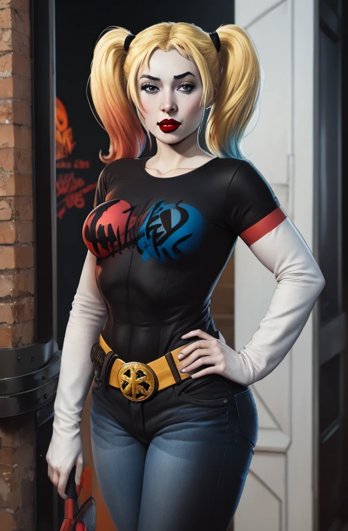 harley quinn, 1girl, solo, twintails, blonde hair, blue eyes, standing, black t-shirt, white shirt, blue jeans, belt, lipstick, large breasts