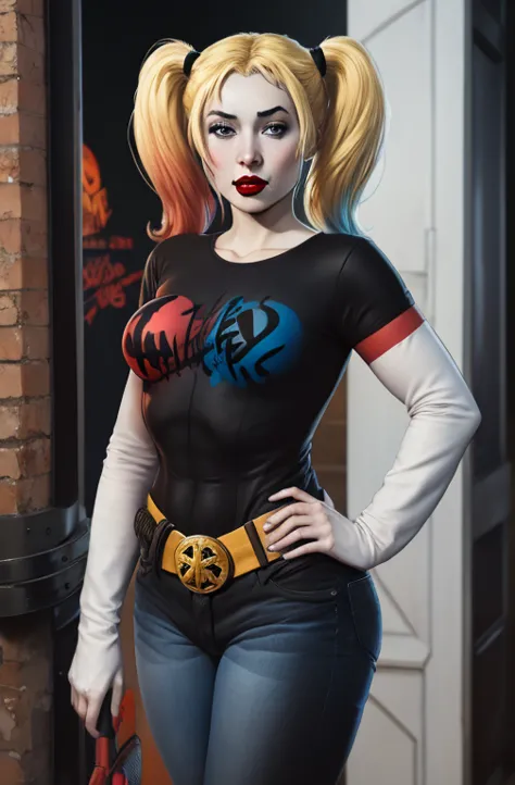 harley quinn, 1girl, solo, twintails, blonde hair, blue eyes, standing, black t-shirt, white shirt, blue jeans, belt, lipstick, ...