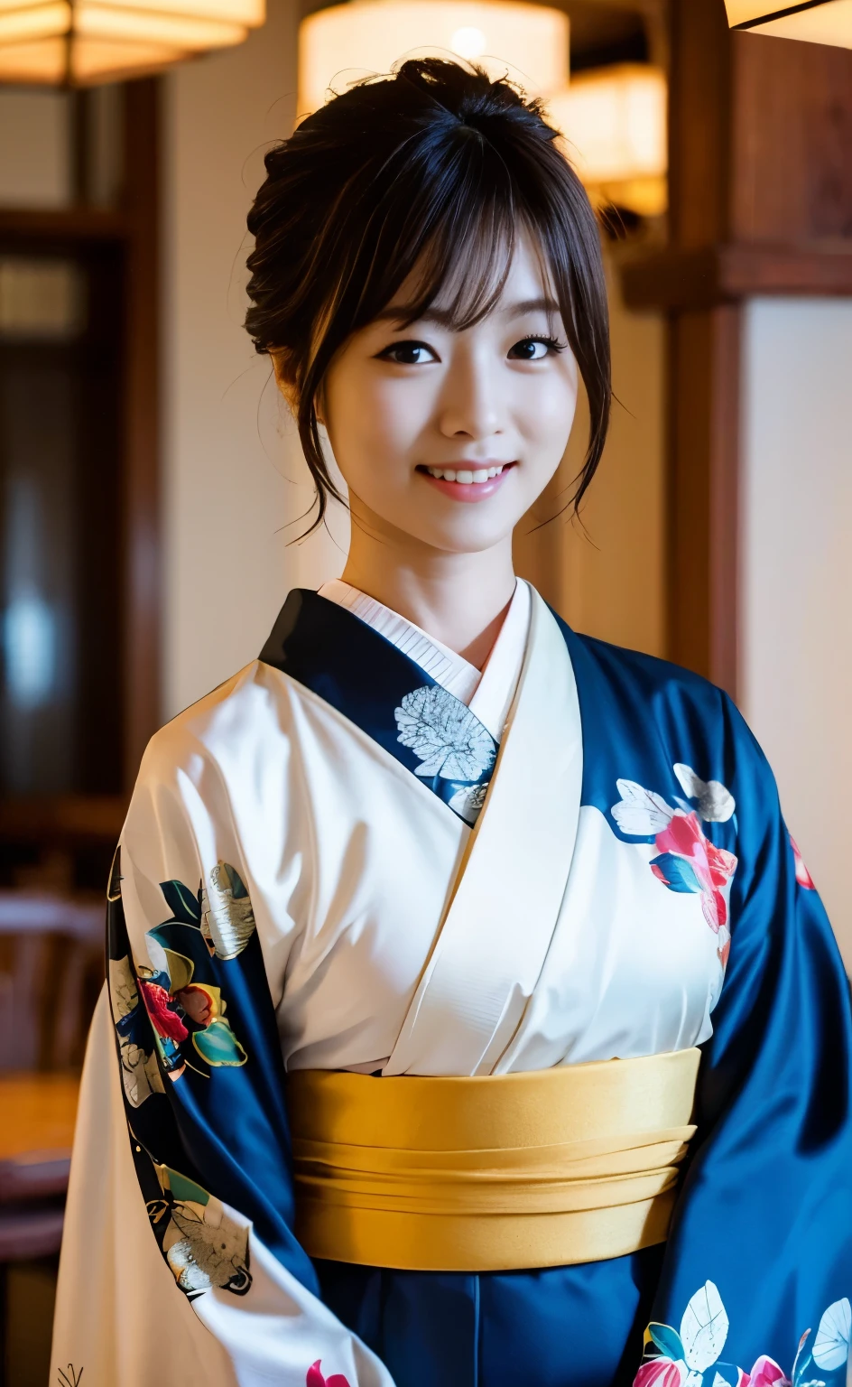 (((Carefully drawn with perfect anatomy))),Photoshoot in a traditional Japanese room at a long-established luxury inn,The collar of the kimono is pulled back, revealing the white nape of the neck.,A wide-angle lens is used to capture a hip-up shot of a woman standing with her head tilted from behind, smiling elegantly.,Beautiful black hair arranged in a Japanese hairstyle, Date Hyogo, with many hairpins on her head:1.3,One girl,one person,A dignified smile,Eyes that capture the light of the chestnut color,Black Hair,hair ornaments,An elegant posture with knees together,Furisode kimono,kimono,Red lips,compensate,tassel,rope,eye shadow,Purple kimono,Nishijin obi,Many bamboo hairpins,Masterpiece,Ulzan 6500,(Realistic photo),masterpiece,High resolution,Highlights the best light and shadow contrast,Main Character,Very high depth of field,soft delicate beautiful attractive 顔, Beautiful Edge Oiran_woman, a woman in a kimono posing for a picture,Perfect Edge Oiran_body,edge Oiran_Hairstyle,(Saiharu Body),(Tabletop,high quality,最high quality),(Delicate eyes and face),Ray Tracing,Highly detailed CG Unity 4k wallpaper,one person,Best image quality,Excellent detail,超A high resolution,Realistic:1.4),Attention to detail,Beauty condensed in 1girl,Beautiful brown hair,Beautiful face with a delicate and high nose,Long limbs like a model,Tight waist,High nose,Clear chestnut eyes,Glossy lips, 