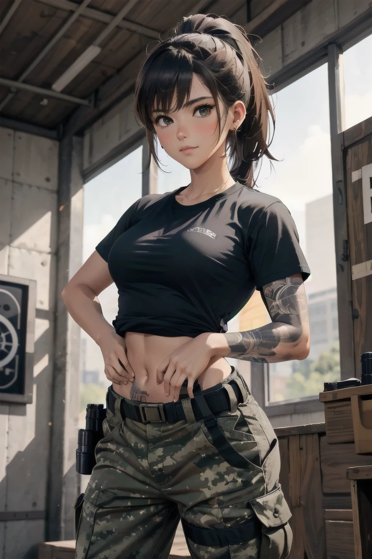 chica militar, cola de caballo marrón, Camiseta negra, pantalones holgados de camuflaje militar, Cintura delgada, mejor calidad, campo de tiro interior, práctica, sosteniendo M4A1, transpiración, después de entrenar, mirando al espectador,táctica, hoja enana, tatuajes, sosteniendo el potro 1911 con ambas manos apuntando hacia el cielo, hermoso potro de madera y acero 1911,
