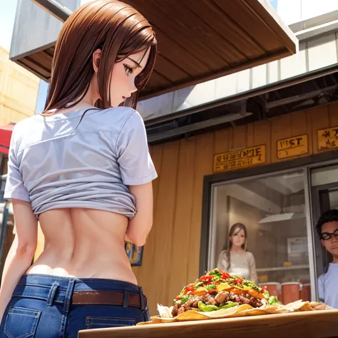 A woman in full-zip shorts eats a tlayuda at a taco stand　Jeans have a belt　　　With side slits　Big Ass　　Upper body naked　Brown Ha...
