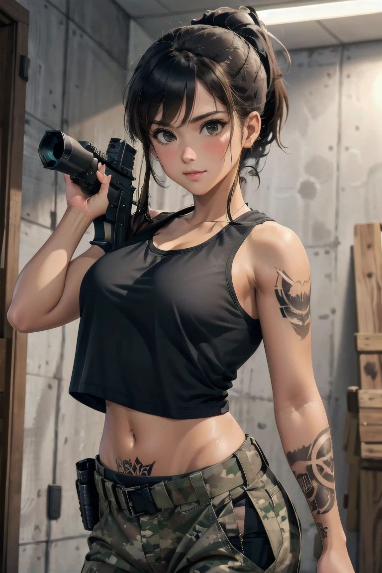 軍人少女, 茶色のポニーテール, 黒のTシャツ, ゆったりしたミリタリー迷彩パンツ, スリムなウエスト, 最高品質, 屋内射撃場, 練習する, m4a1を保持する, 発汗, トレーニングの後, 視聴者を見る,タクティクール, ドワーフイル, タトゥー, コルト1911を両手で持ち、空に向けている, 美しい木と鋼のコルト 1911,
