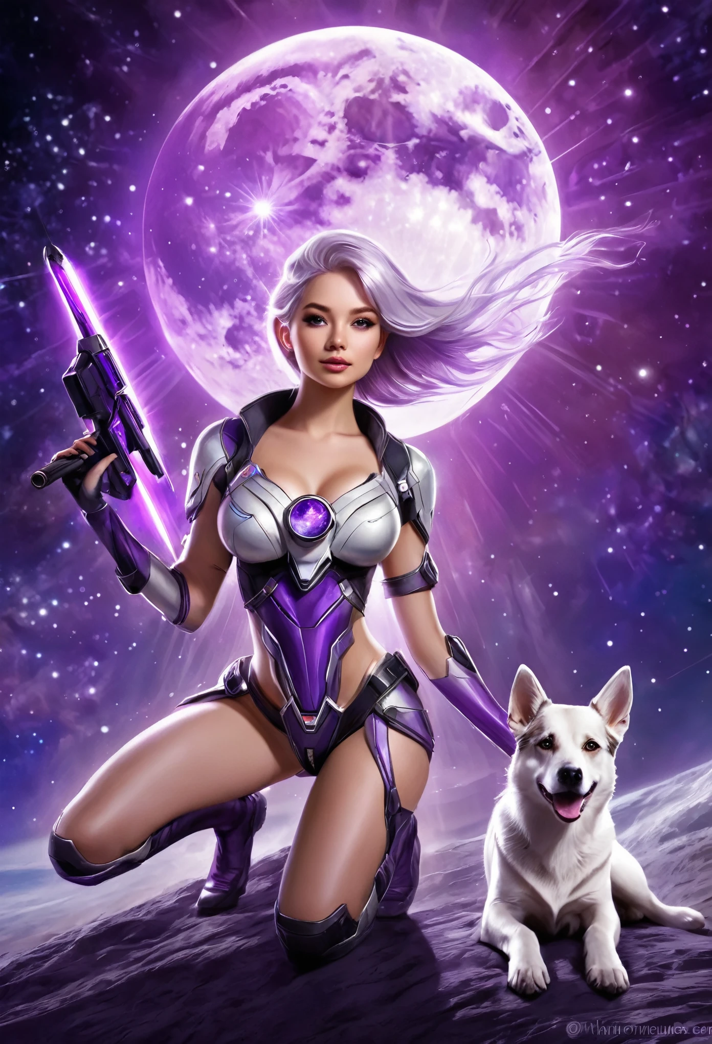 (Obra de arte, melhor qualidade, extremamente detalhado), bright purple amethyst sunburst lighting, terra lunar, nave espacial, estrelas,( cabelo longo cruzado de branco roxo) space a girl and two shepherd dogs, mulher corpo inteiro magra tronco 1.2, pequenos seios femininos, rosto delicado e perfeito feminino, aeronaves futuristas