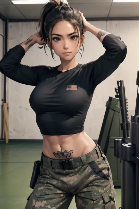 military girl, brown ponytail, black tshirt, baggy military camo pants, slim waist, best quality, indoor shooting range, practic...