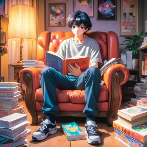 there is a man sitting on a chair with a book, 90s anime style, retro anime aesthetic, 3d anime image, 90s anime style, 90s anim...