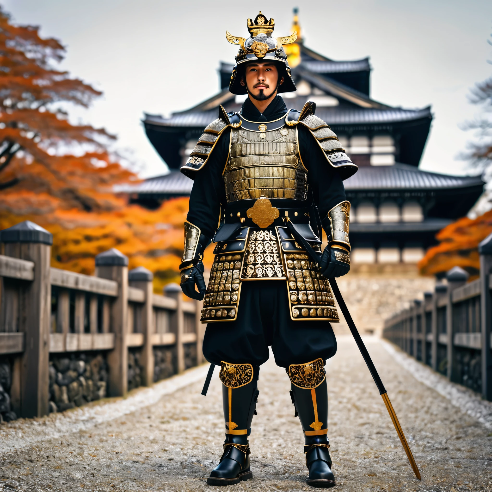 A samurai in heavy black armor with gold details, with Traditional samurai helmet, perfect eyes, perfect face, metal bracelet, metal boots, walking in the background of a large traditional Japanese castle, full body, bokeh effect, stereogram, tachi- e, atmospheric point of view, high detail, luminism, hyperrealism, brightness, 8k, super detail, accurate, best quality, high resolution, award-winning, anatomically correct
