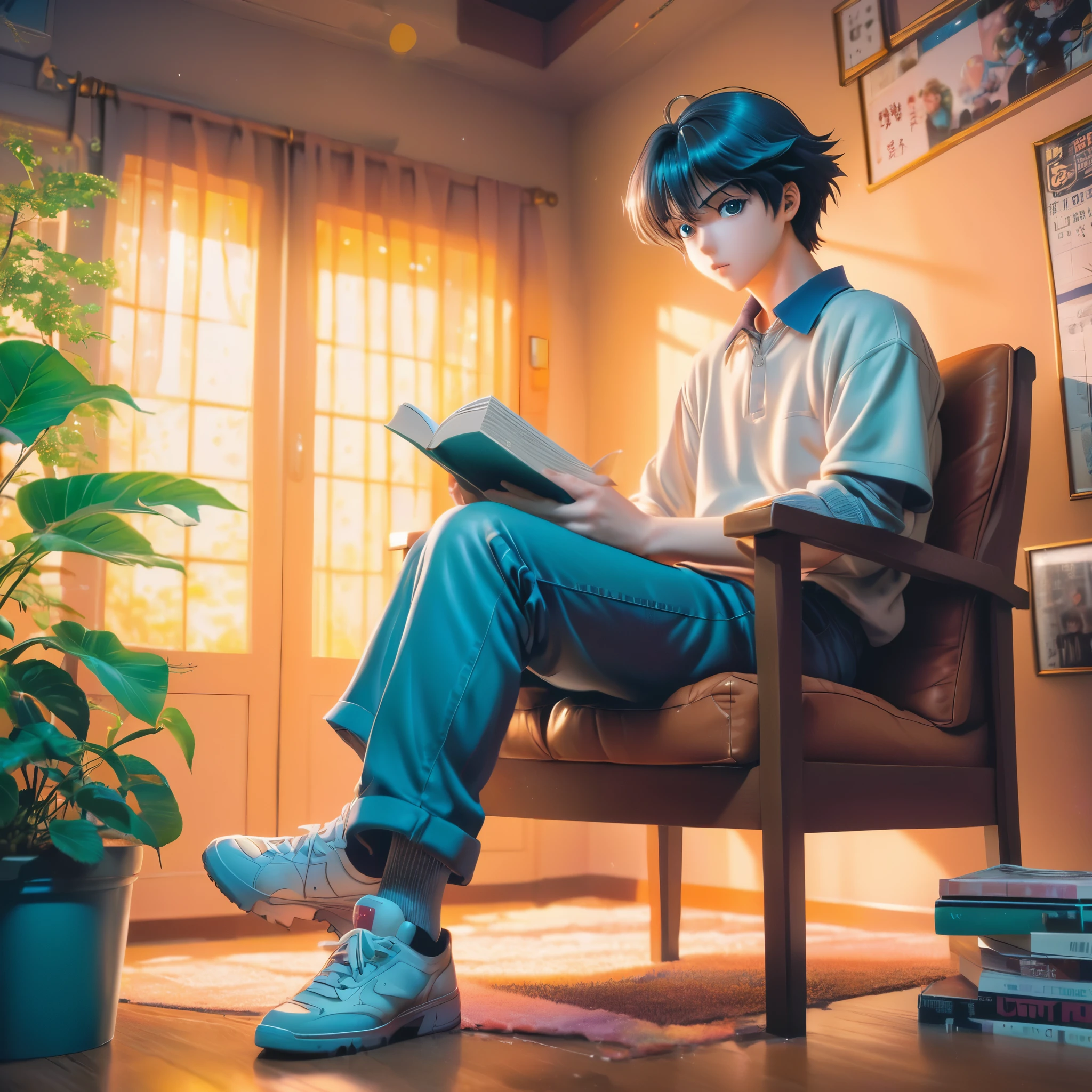 There is a man sitting on a chair with a book, 90s anime style, retro anime aesthetic, 3D anime image, 90s anime style, 90s anime aesthetic, (retro, vintage) anime illustration, vibrant colors, detailed facial features, dynamic pose, (nostalgic, throwback) anime, glowing eyes, (nostalgic, throwback) anime scene, (nostalgic, throwback) anime background, intricate background elements, soft lighting, (nostalgic, throwback) anime character design, (nostalgic, throwback) anime clothing, artful shading, (nostalgic, throwback) anime composition, nostalgic color palette, (nostalgic, throwback) anime nostalgia. (best quality, 4k, 8k, highres, masterpiece:1.2), ultra-detailed, realistic, (photorealistic, photo-realistic:1.37), HDR, UHD, studio lighting, ultra-fine painting, sharp focus, physically-based rendering, extreme detail description, professional, vivid colors, bokeh.