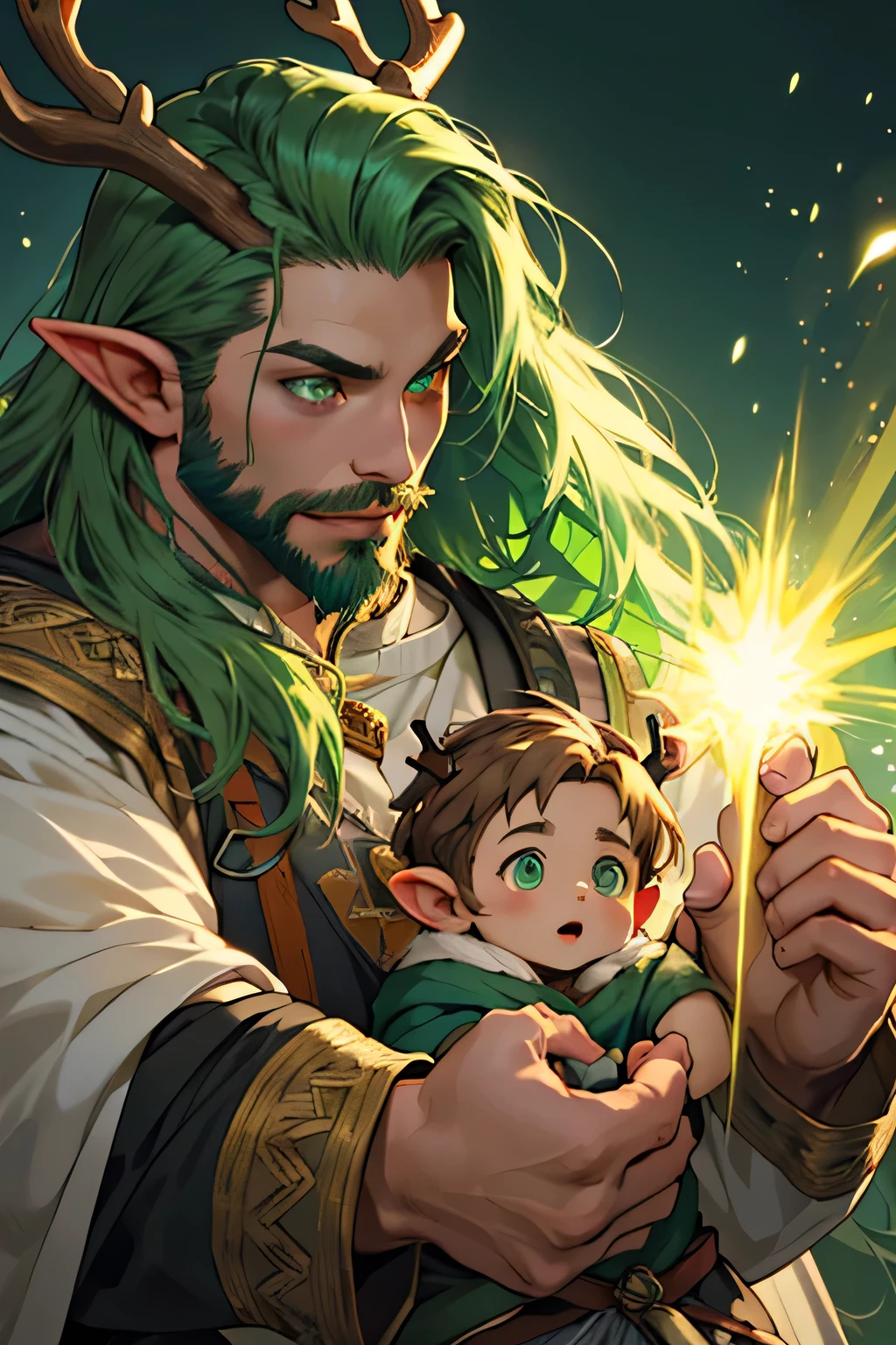 two characters first a green skinned Male eladrin with long green hair antlers and a neat trimmed green beard (gold eyes) holding second character a female dwarf with long flowing light brown hair