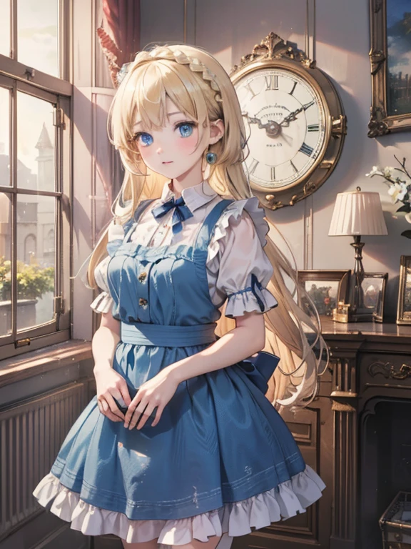 masterpiece, highest quality, Very detailed, 8k, Ultra-high resolution, Cowboy Shot, Alice in Wonderland, 12-year-old girl, Detailed face, blue eyes, Blonde, Braid, Long Hair, Ribbon on head, Blue Dress, White apron, In a room with a big clock, Clock, wall clock, Music Box