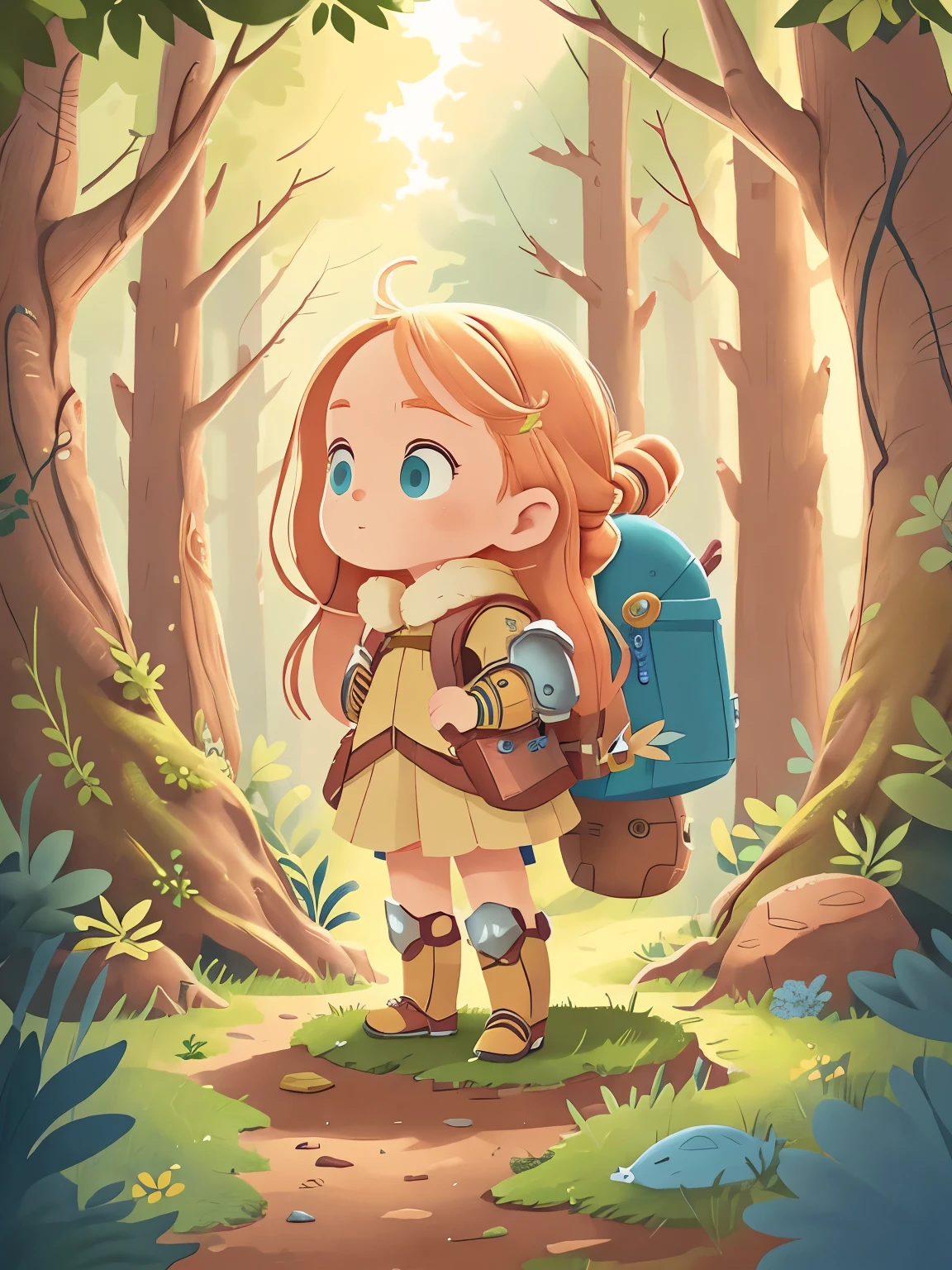 的全身輪廓 . 金色的長髮, 藍色的大眼睛. 她穿著可愛的盔甲，專為 , 就像她正在進行一場小小的奇幻冒險. 她背著一個裝滿物資的背包. 她興奮地凝視著魔法森林.